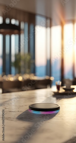 Wireless charger on a marble countertop in a modern, high-end dining area with city views.  Soft, warm lighting illuminates the scene