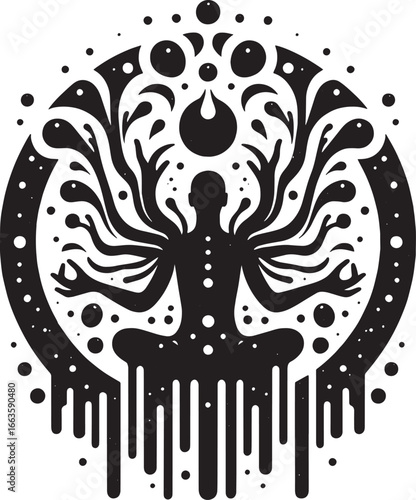 Intricate Black and White Illustration Depicting Meditation and Spiritual Enlightenment