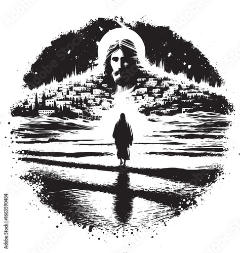 A Symbolic Black and White Illustration Depicting Faith, Spirituality, and the Divine Presence