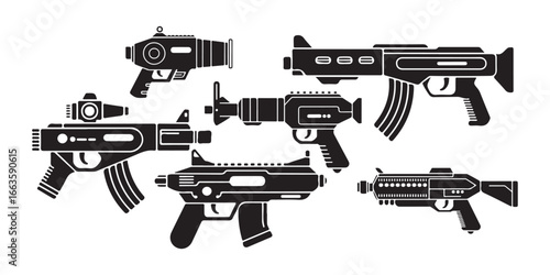 Collection of futuristic sci fi weapon silhouettes on a white background