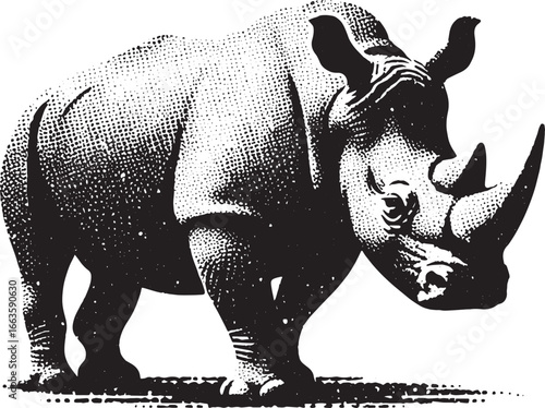 Detailed black and white illustration of a rhinoceros animal standing on a white background