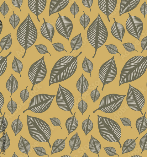 CAD drawing flat vector illustration of seamless leaf pattern, gray foliage design on mustard yellow background, autumn nature-inspired artwork, botanical texture, decorative textile layout template