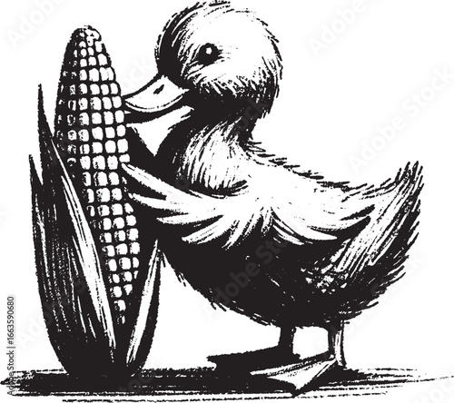 Charming black and white illustration of a duckling holding a large ear of corn