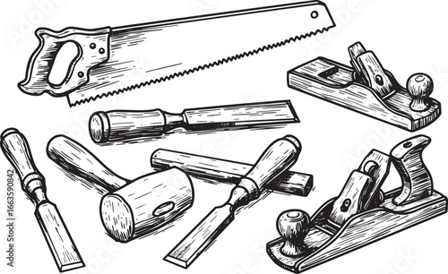 Handcrafted woodworking tools in a detailed woodcut drawing blac