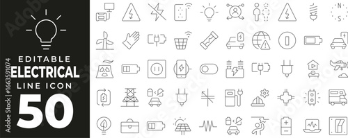 Electricity and Renewable Energy set of web icons in line style. Power and technology linear icons collection. Containing electricity, solar energy, battery, turbine, windmill, charger, voltage