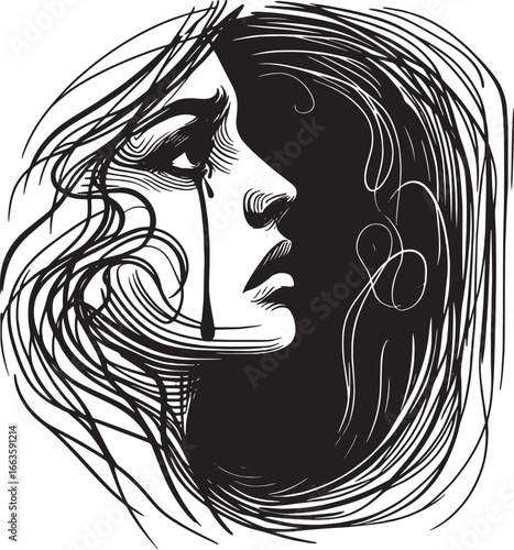 Illustration of a woman's face with a tear, portraying sadness and emotional pain in monochrome