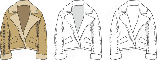 CAD drawing flat vector illustration of shearling jacket, stylish outerwear layout, front back views, garment sketch, winter fashion template