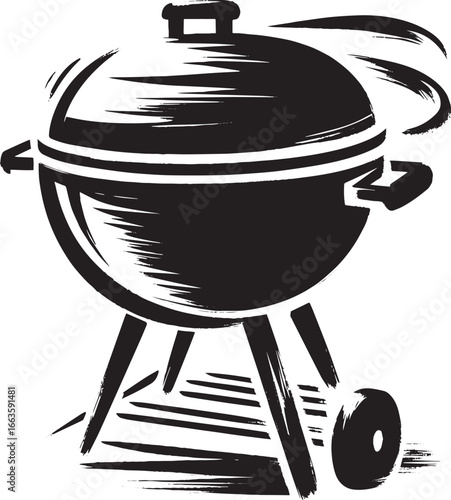 Minimalist sumi-e illustration of a barbecue grill in black and