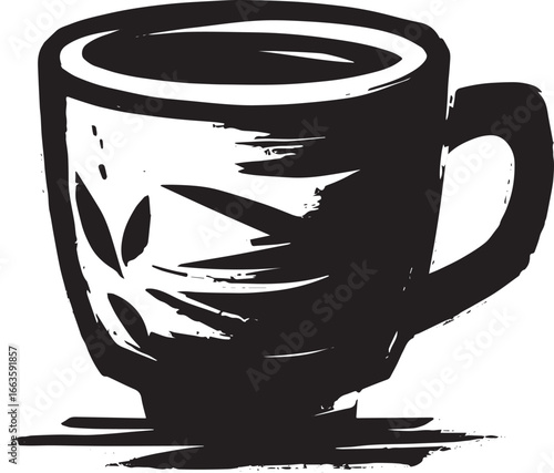 Monochrome ceramic mug illustration with brushstroke style, mini