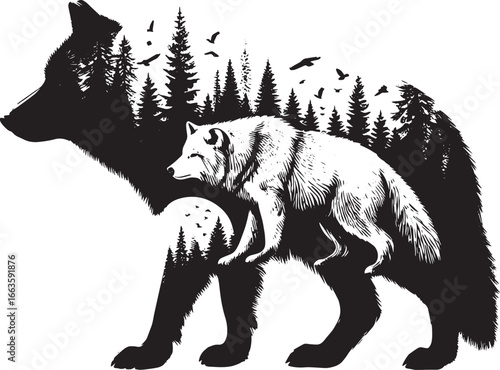 Artistic Black and White Illustration of a Wolf with a Forest Inside it