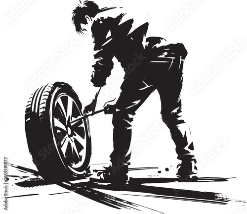 Minimalist sumi-e illustration of a man changing a tire with dyn