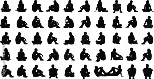 Silhouette of people sitting on the ground in various poses, black human figures collection isolated on white background