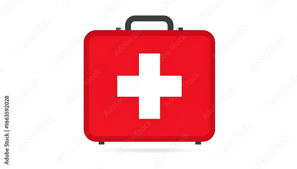 Obraz premium A red first-aid kit, with a prominent white cross, stands out against a plain white background.