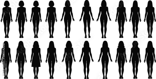 Silhouette set of female figures with varied body shapes, postures, and hairstyles standing upright for fashion, concept, and design use