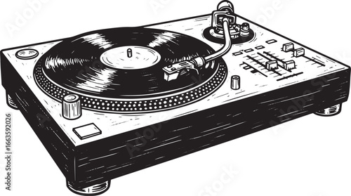 Monochrome Woodcut Illustration of a DJ Turntable Isolated on Wh