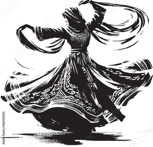 Graceful dance of a woman in indigo robes, sumi-e illustration s