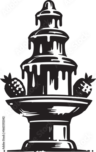 Minimalist chocolate fountain with strawberries logo in sumi-e b