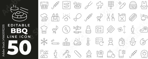 Grill and Barbecue set of web icons in line style. Cooking and outdoor food linear icons collection. Containing grill, barbecue, steak, chicken, fish, hamburger, sausage, cook, fire, kitchen, menu