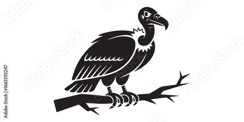 Stylized black silhouette of a vulture with black head and white Carlar perched on a branch