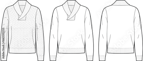 CAD drawing flat vector illustration of shawl collar sweater, stylish knitwear garment layout, fashion design sketch, front back view