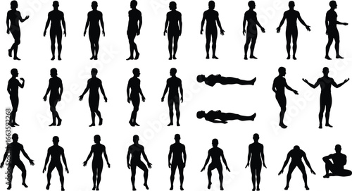 Silhouette set of people in various standing, walking, sitting, and lying poses with diverse gestures for concept and design use