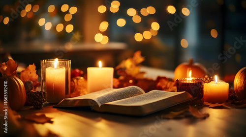A Thanksgiving dinner table set for prayer, with lit candles and a Bible opened to a verse of thanks, surrounded by fall decorations.