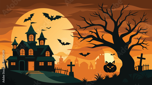 Spooky halloween scene with silhouetted figures and elements on a dark background
