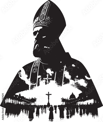Black and white illustration of the Pope with a cityscape of the Vatican behind him