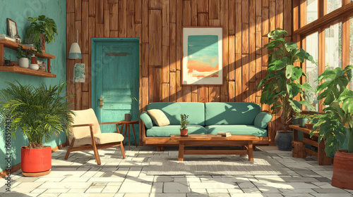 Fototapeta Naklejka Na Ścianę i Meble -  Modern, minimalist living room with vertical wood paneling, sleek furniture, and stylish decor, 3d rendering 