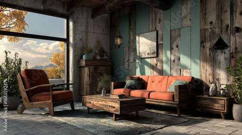 Fototapeta Naklejka Na Ścianę i Meble -  Modern, minimalist living room with vertical wood paneling, sleek furniture, and stylish decor, 3d rendering 