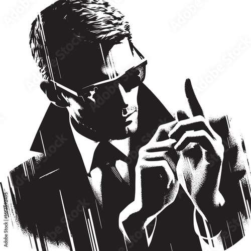 Stylish Man in Sunglasses Pointing Upward, Vector Illustration for Secret Agent Concept