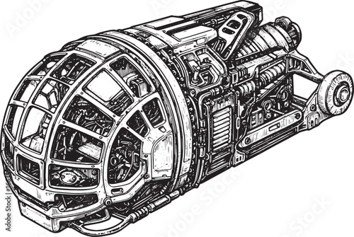 Detailed woodcut illustration of futuristic pod, concept art, bl