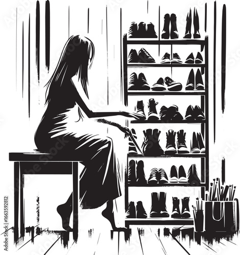 Elegant monochrome scene of a woman organizing shoes on a minima