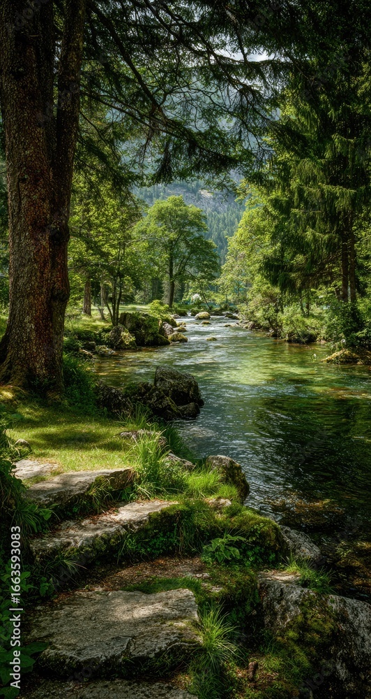 Fototapeta premium Sunlight streams through a lush forest, illuminating a tranquil mountain river