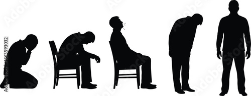 Silhouette vector set of five human poses including kneeling, sitting, standing, and bending for posture, gesture, and body movement illustration