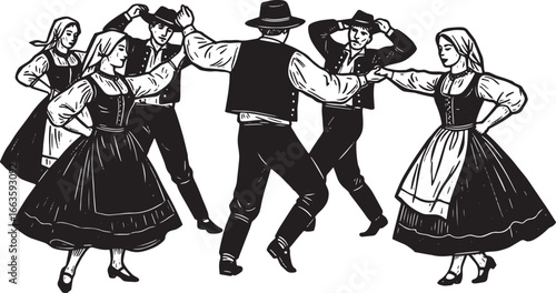 Whimsical woodcut illustration depicting joyful folk dancers in