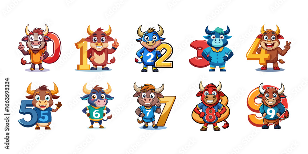 Obraz premium Playful Bull Numbers Vector Set 0-9 | Cute Animal Character Illustrations for Kids Learning, Children Book, Nursery, Education Designs