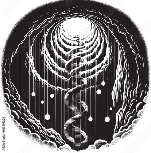 Abstract Black and White Illustration of a Tunnel with a Central Spiral Pathway and Ambient Spheres