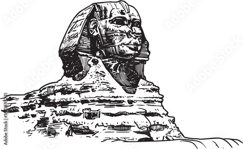 Detailed woodcut illustration of the Sphinx of Giza, monochrome