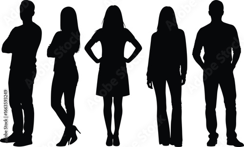 Silhouette vector set of five standing people in different poses with varied postures and attire for character and design illustration