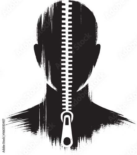 Monochrome Sumi-e Representation of a Head with Zipper Detail br