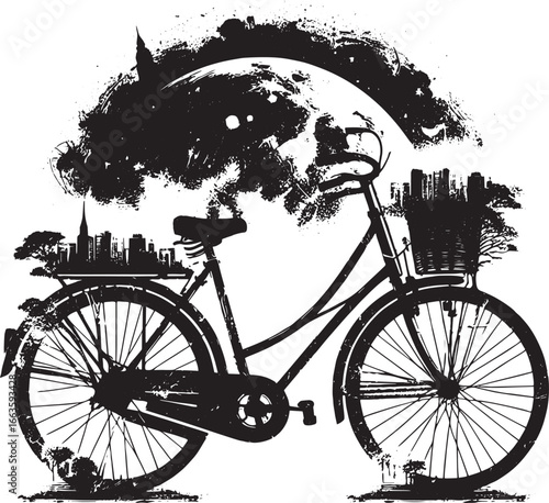 Stylized Black and White Bicycle Silhouette with Cityscape and Artistic Grunge Elements