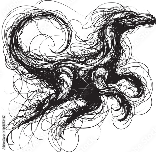 Abstract Ink Drawing of a Mythical Creature Resembling a Dragon or Sea Serpent Illustration
