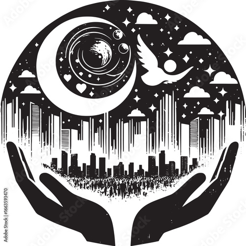 Creative illustration of a city held in hands under a cosmic sky with a flying dove