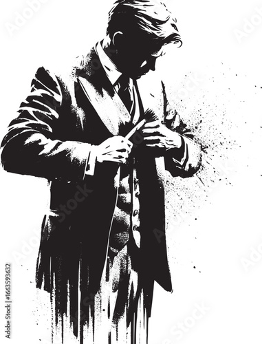 Monochrome illustration of a man brushing jacket with elegant br
