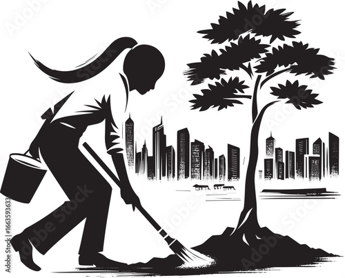 Urban Green Initiative: Woman Planting Tree in Cityscape, Black