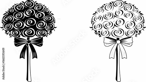Two floral topiary arrangements with bows in black and white vector illustration design concept art