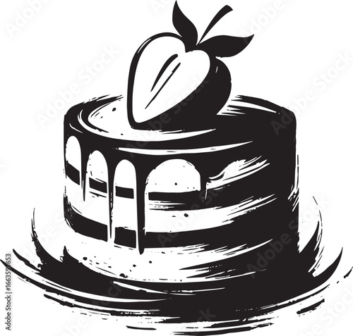 Elegant Sumi-e Style Illustration of a Tres Leches Cake with Ber