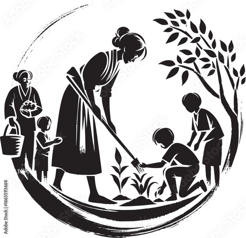 Intergenerational harmony in community gardening, sumi-e illustr