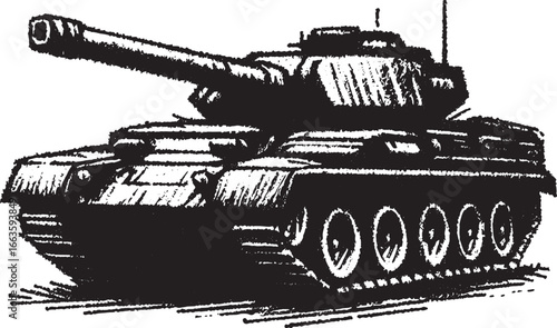 Detailed black and white drawing of a military tank with a long cannon ready for war